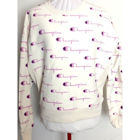 Champion Reverse Weave White Sweatshirt with all over Pink Logo Size Large - Picture 2 of 5